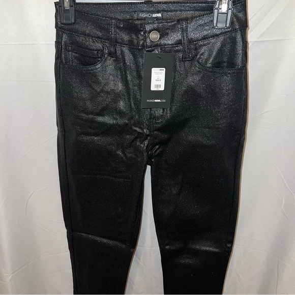 Double Dare Faux Leather Black Glitter Sparkle Pants - Picture 6 of 11